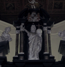 Les armoiries de Ferdinand de Bavière en haut du maître-autel de l’église Notre-Dame de Foy © IPW