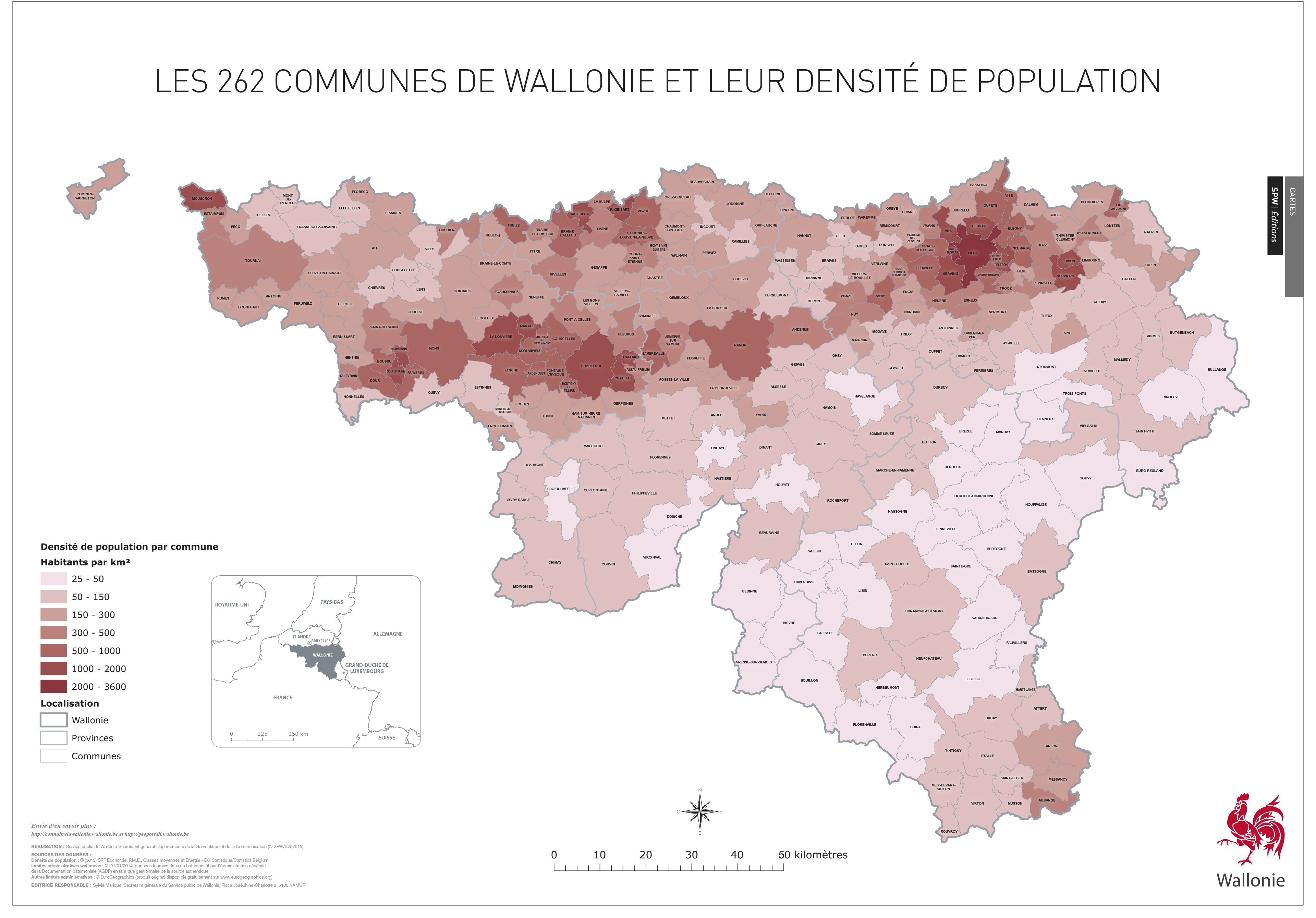 Les 262 communes de Wallonie et leur densité de population