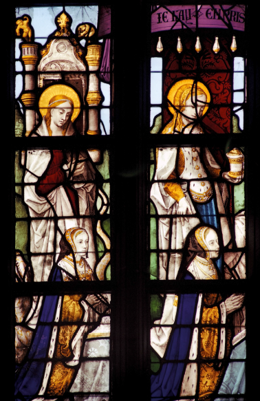 Le vitrail de la « Fuite en Égypte » dans la collégiale Sainte-Waudru de Mons. Marguerite d’Autriche et Marie de Bourgogne. © KIK-IRPA, Bruxelles